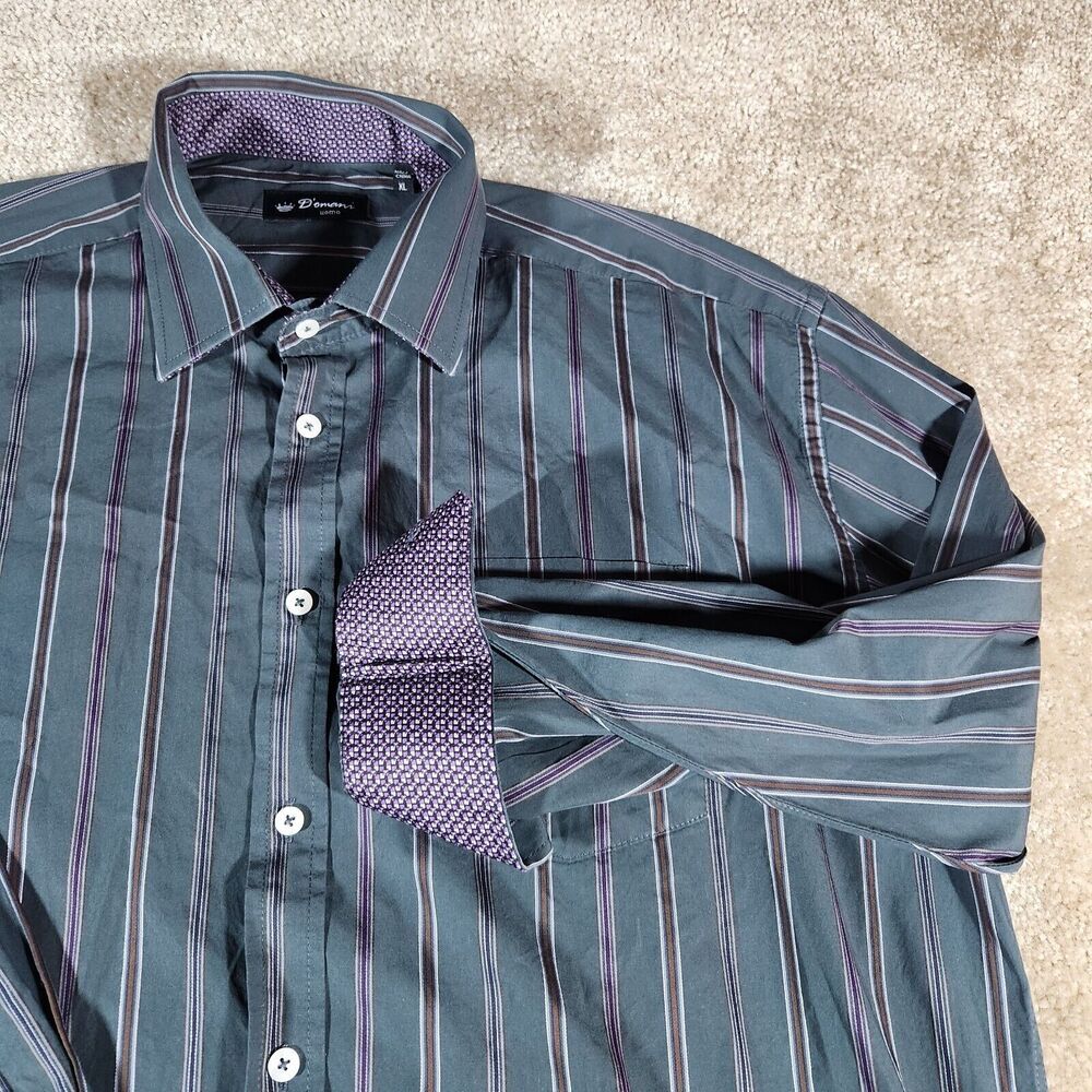 Domani Uomo Men's Shirt Flip Cuff XL Green Striped 100% Cotton 13